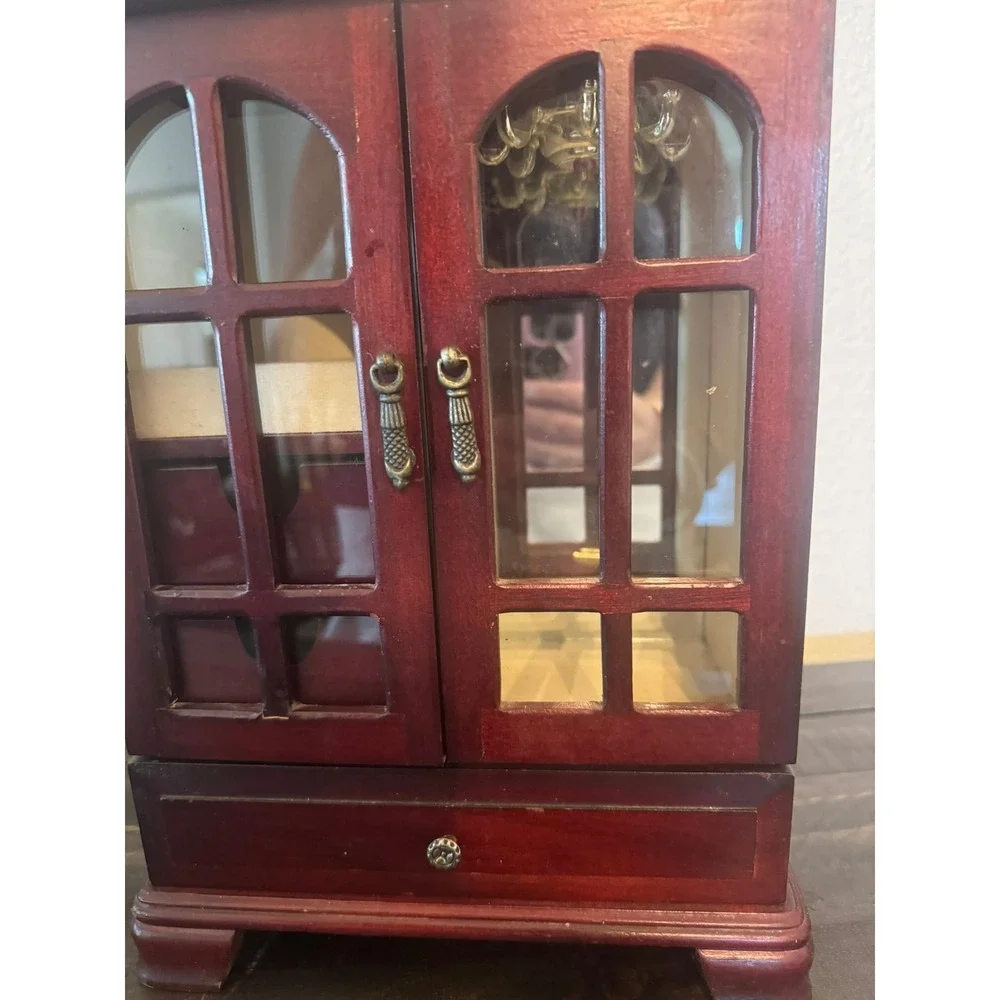 Vintage Wooden Jewelry Armoire Cherry Finish Glass Doors Necklace Carousel Box